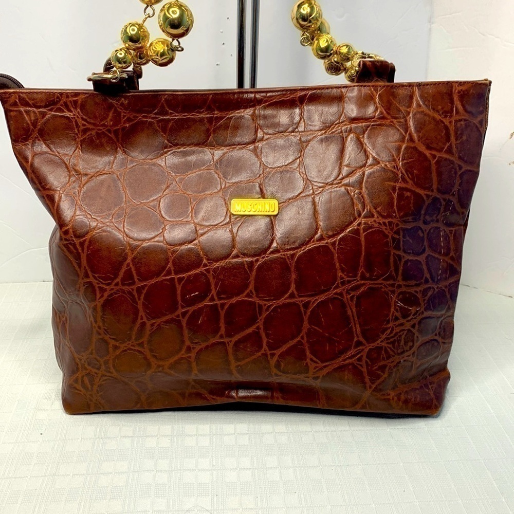 MOSCHINO CROC EMBOSSED LEATHER WITH GOLD TONE BEADS AND LEATHER HYBRID STRAPS